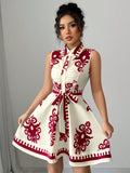 Women's Fashion Printed Waist Tie Sleeveless Dress