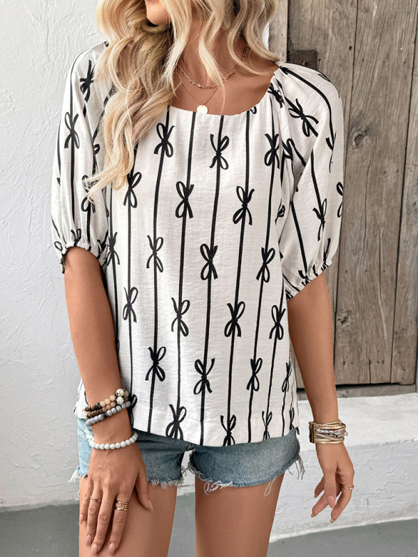 White and Black Bow Print Puff Sleeve Square Neck Blouse - Image 3