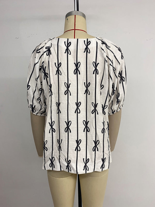White and Black Bow Print Puff Sleeve Square Neck Blouse - Image 2