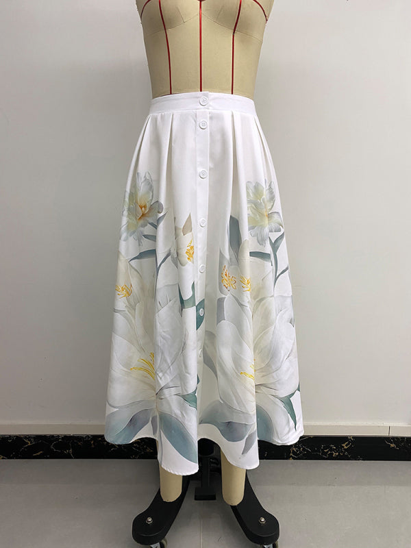 Floral Button Decorated Holiday Dress - Casual Printed Skirt Dress