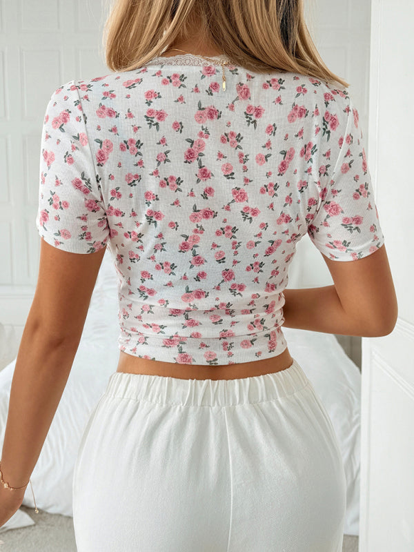 Floral Lace Short Sleeve T-Shirt - Y2K Hot Girl Style