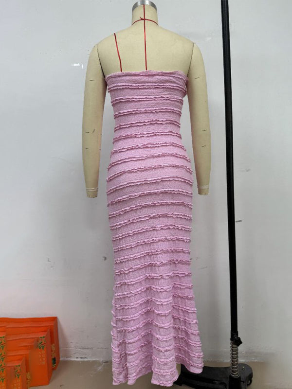 Pink Strapless Midi Dress Slim Fit Textured Knit - Image 2