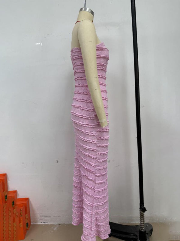 Pink Strapless Midi Dress Slim Fit Textured Knit - Image 4