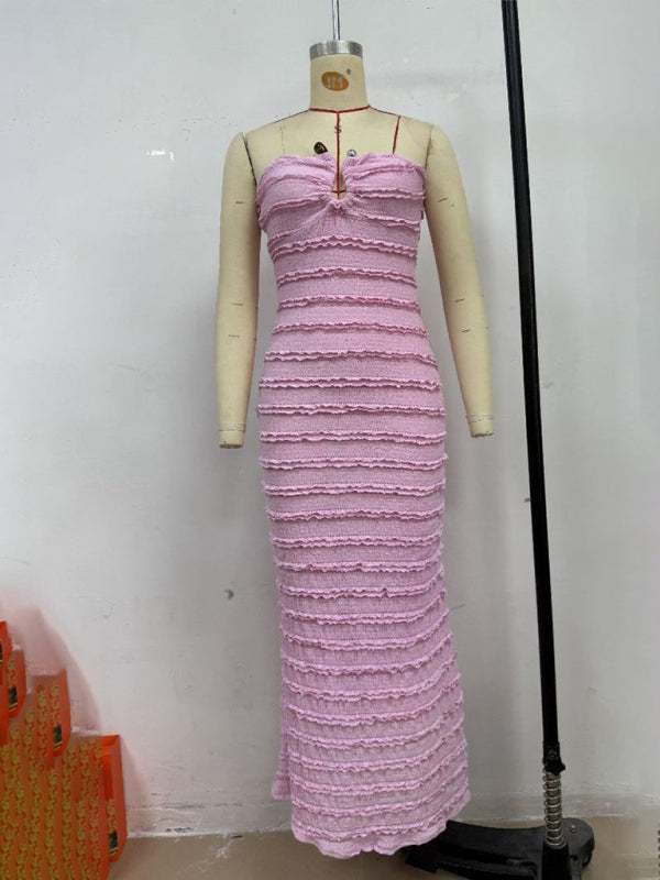 Pink Strapless Midi Dress Slim Fit Textured Knit - Image 3