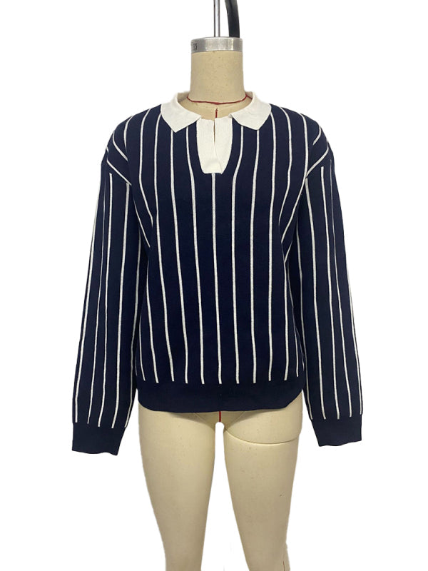 Women's Navy and White Striped Knit Collared Pullover Sweater - Image 4