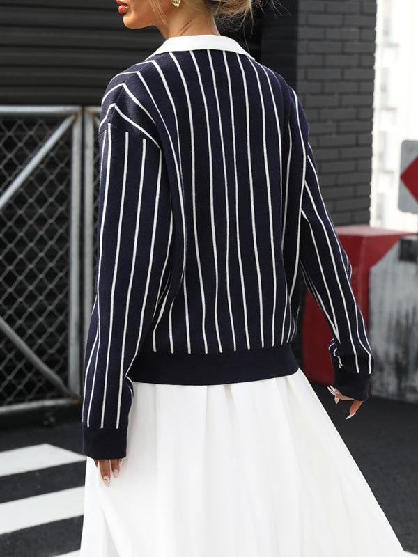 Women's Navy and White Striped Knit Collared Pullover Sweater - Image 2