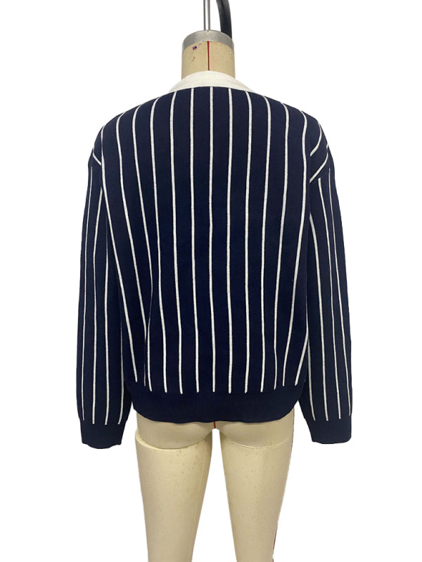 Women's Navy and White Striped Knit Collared Pullover Sweater - Image 3