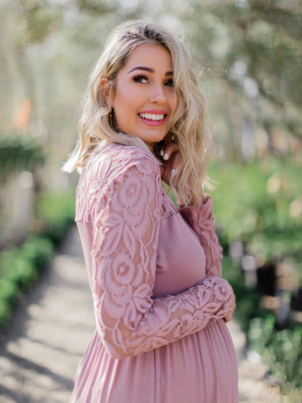 Maternity Lace Dress - Long Sleeve Round Neck Solid Color