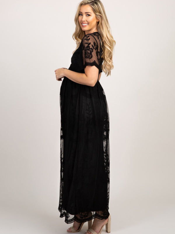 Maternity Lace Dress - Short Sleeve V-Neck High Waist Dress
