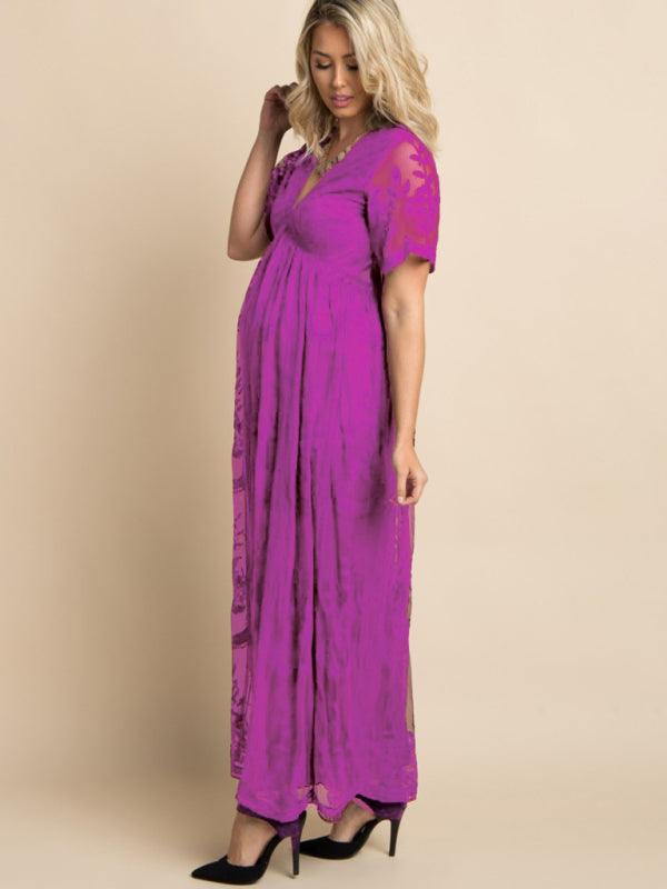 Maternity Lace Dress - Short Sleeve V-Neck High Waist Dress