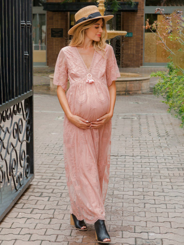 Maternity Lace Dress - Short Sleeve V-Neck High Waist Dress