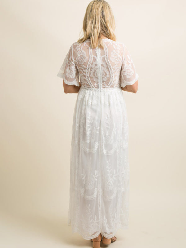 Maternity Lace Dress - Short Sleeve V-Neck High Waist Dress