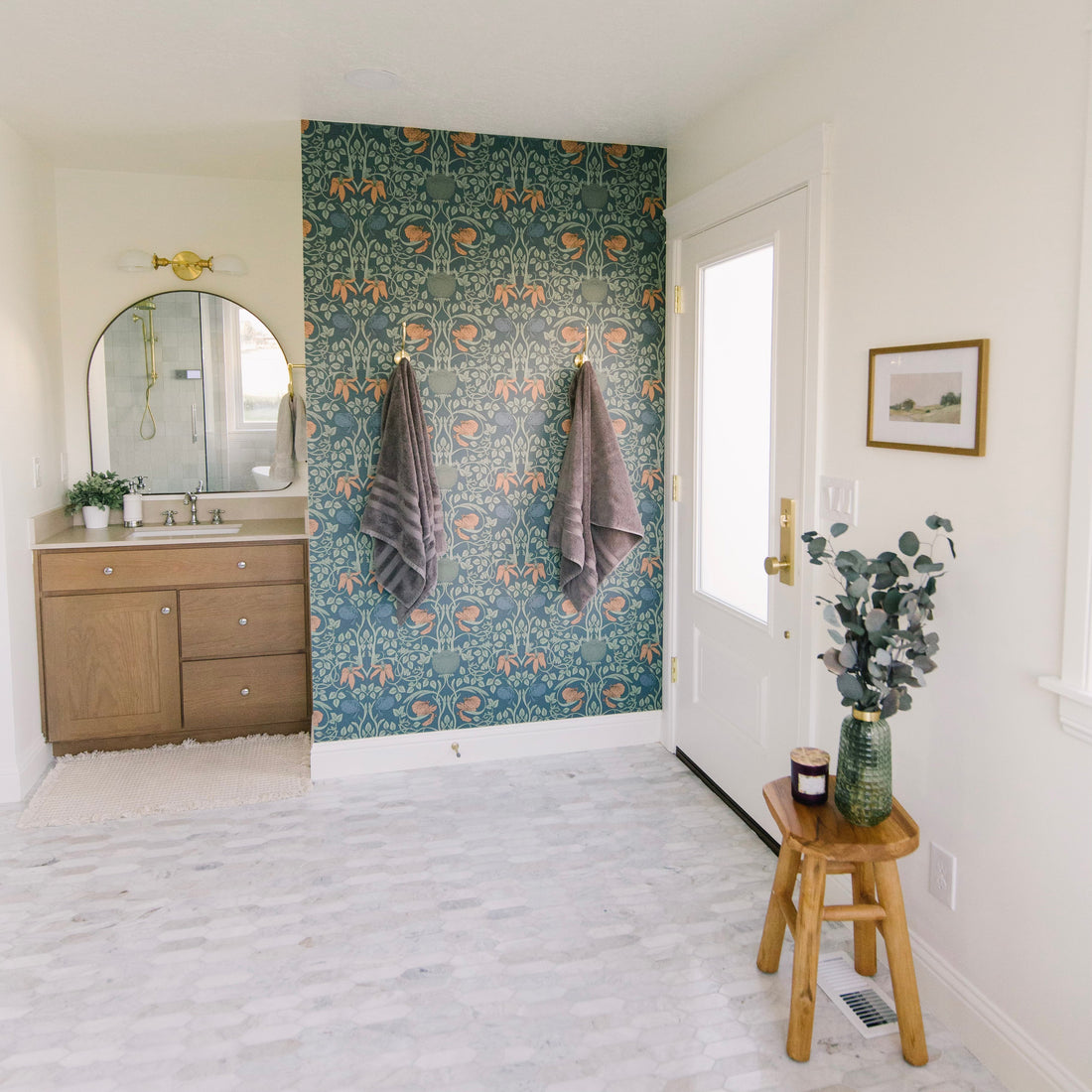 Whitney Floral Wallpaper – Vintage Arts & Crafts Teal & Peach