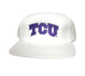 White and purple TCU embroidered snapback hat with collegiate sporty design.