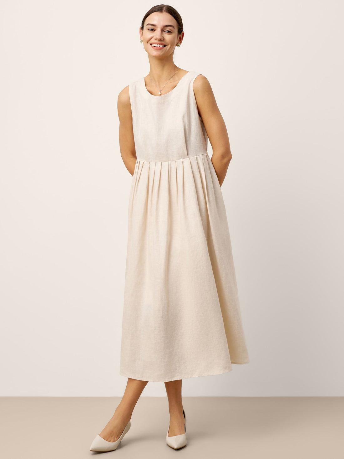100% Linen Sleeveless Crew Neck Waist Pleated Maxi Dress SELENE