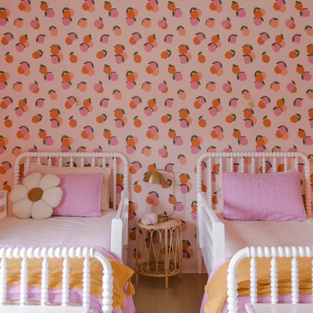 Millions of Peaches whimsical wallpaper with pink and orange floral patterns