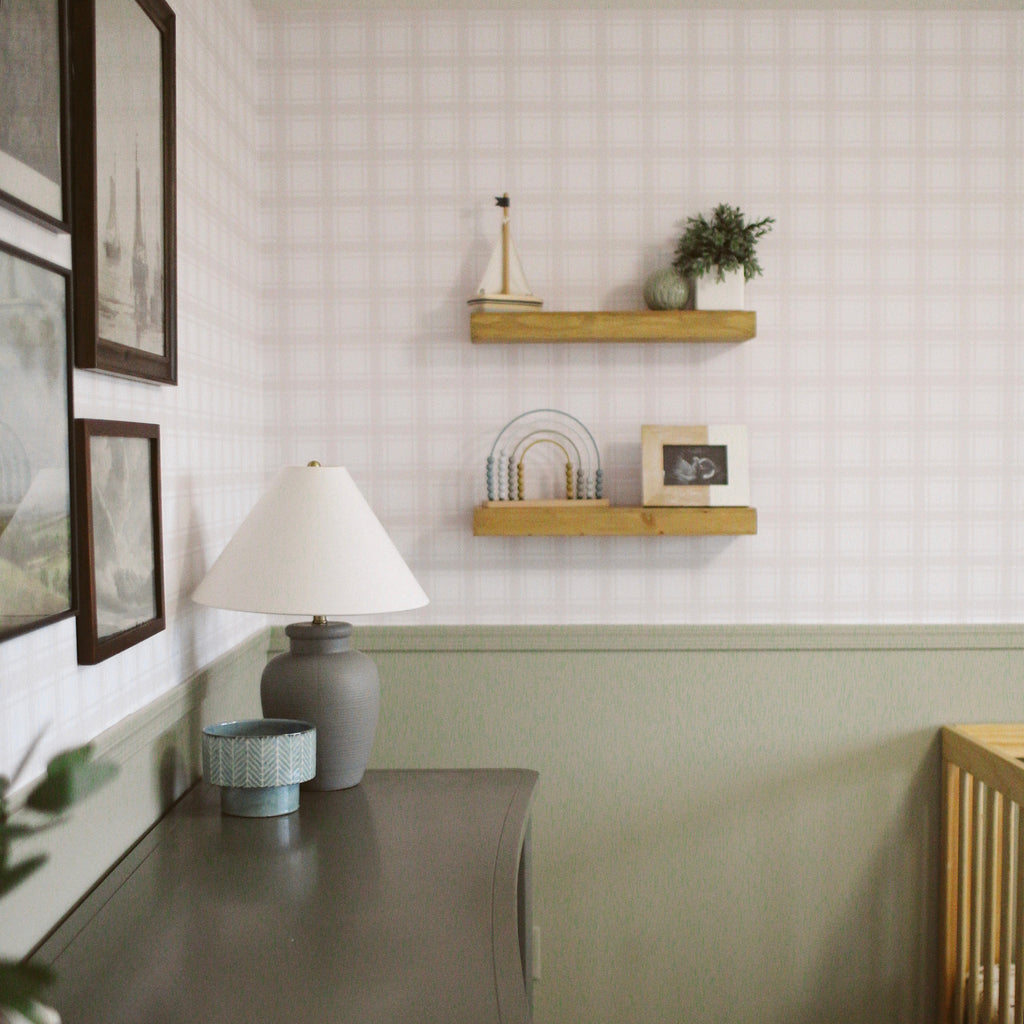 Sampson plaid wallpaper in white and beige for coastal or farmhouse decor