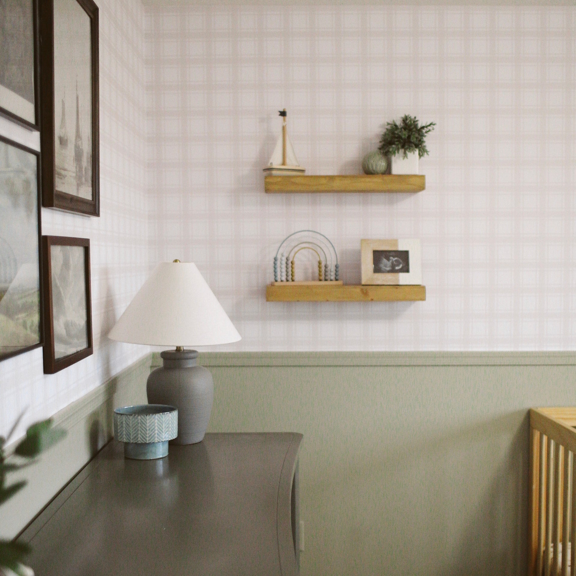 Sampson plaid wallpaper in white and beige for coastal or farmhouse decor