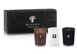 Baobab Les Prestigieuses Trio Travel Candle Set featuring three luxury candles in elegant glass vessels.