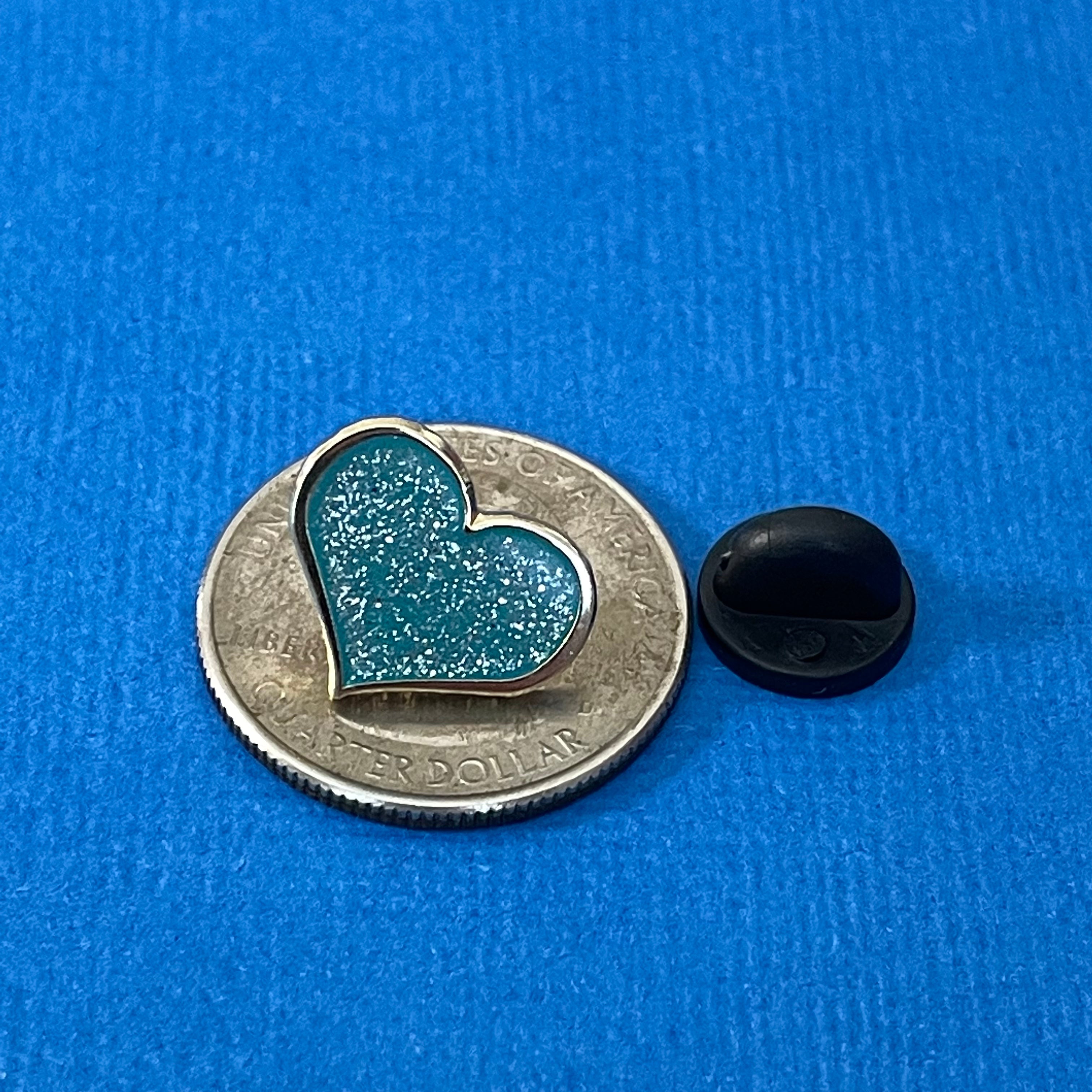 Teal Glitter Heart Enamel Pin - 1/2 inch with Gold Metal