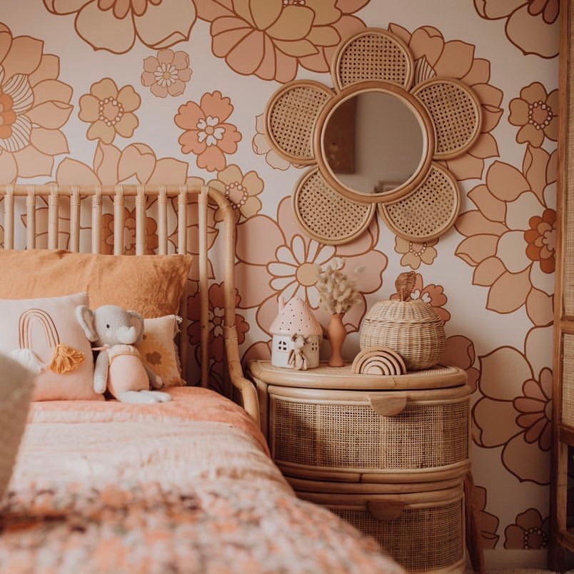 Willow floral wallpaper in bohemian peach, cream, and terracotta tones