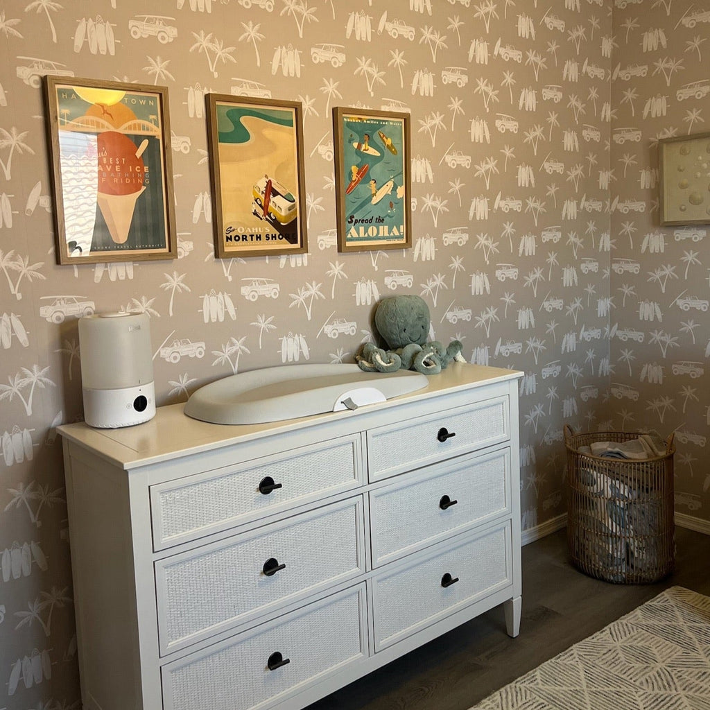 Hurley removable wallpaper in beige, olive-green, and sage-green coastal surf print
