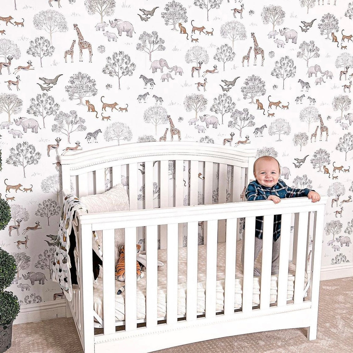 Patterson Removable Wallpaper in White, Sage-Green and Brown