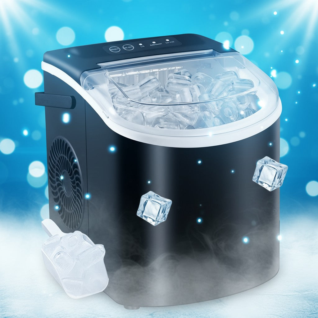 Minimalist black countertop ice maker machine producing bullet-shaped ice
