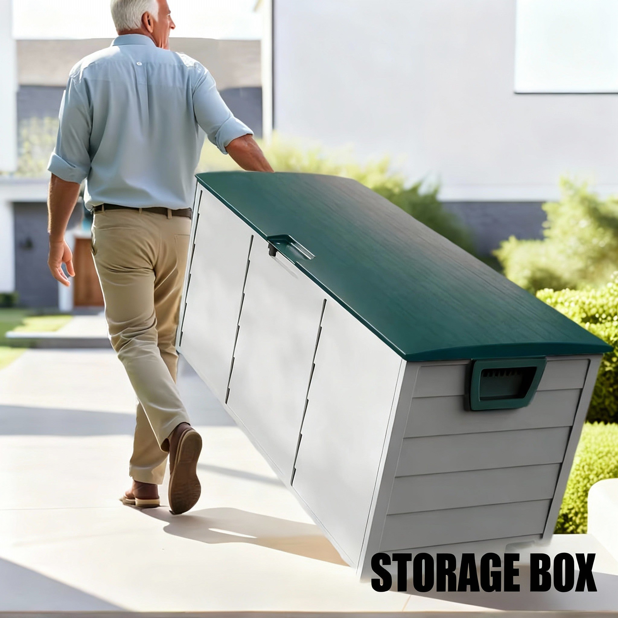75 Gallon outdoor deck box in grey, green, and beige for patio storage