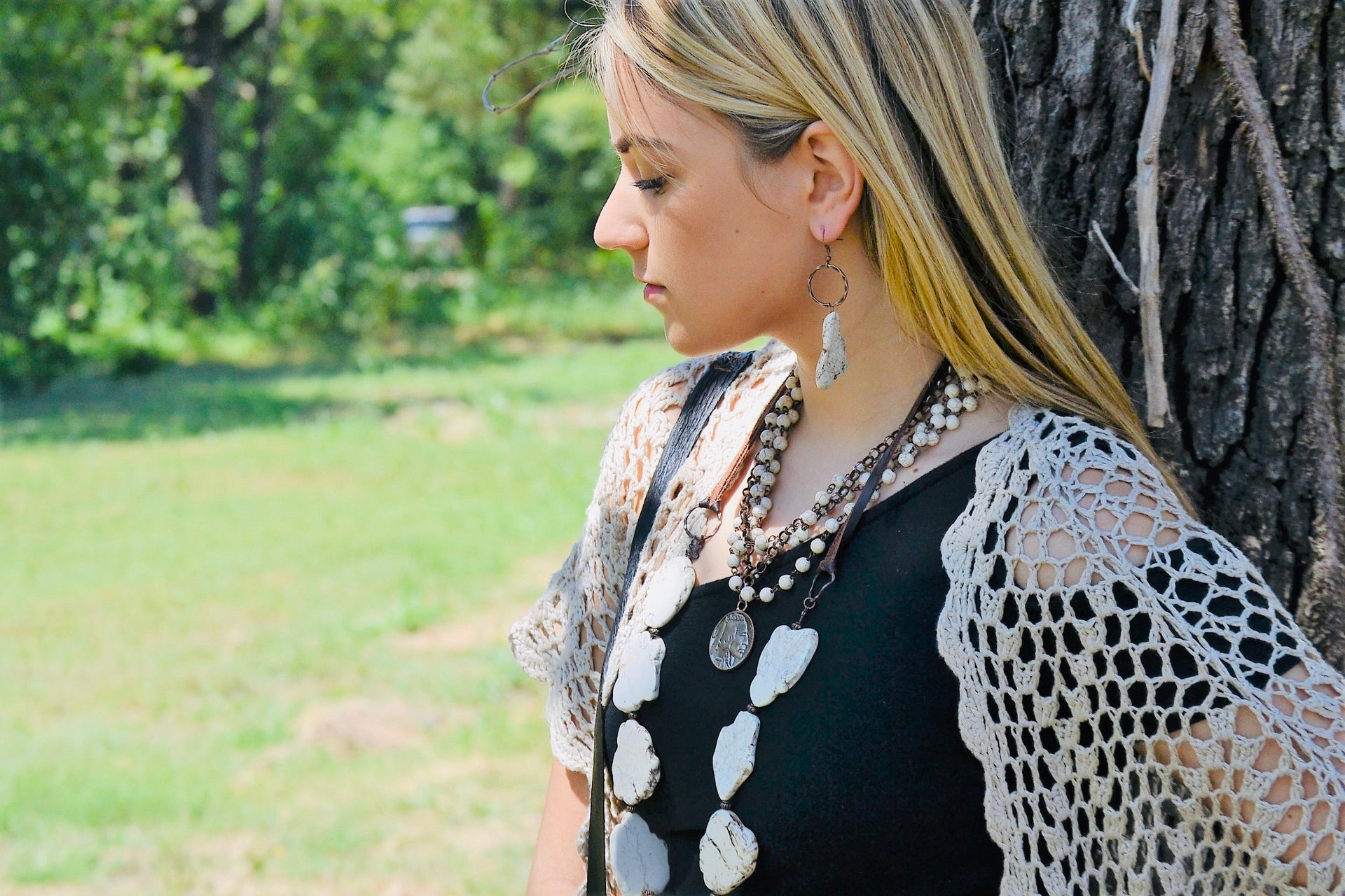 White Turquoise Chunky Earrings with Copper Hoops