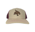 Beige and maroon Texas State hat with leather Bobcat logo patch