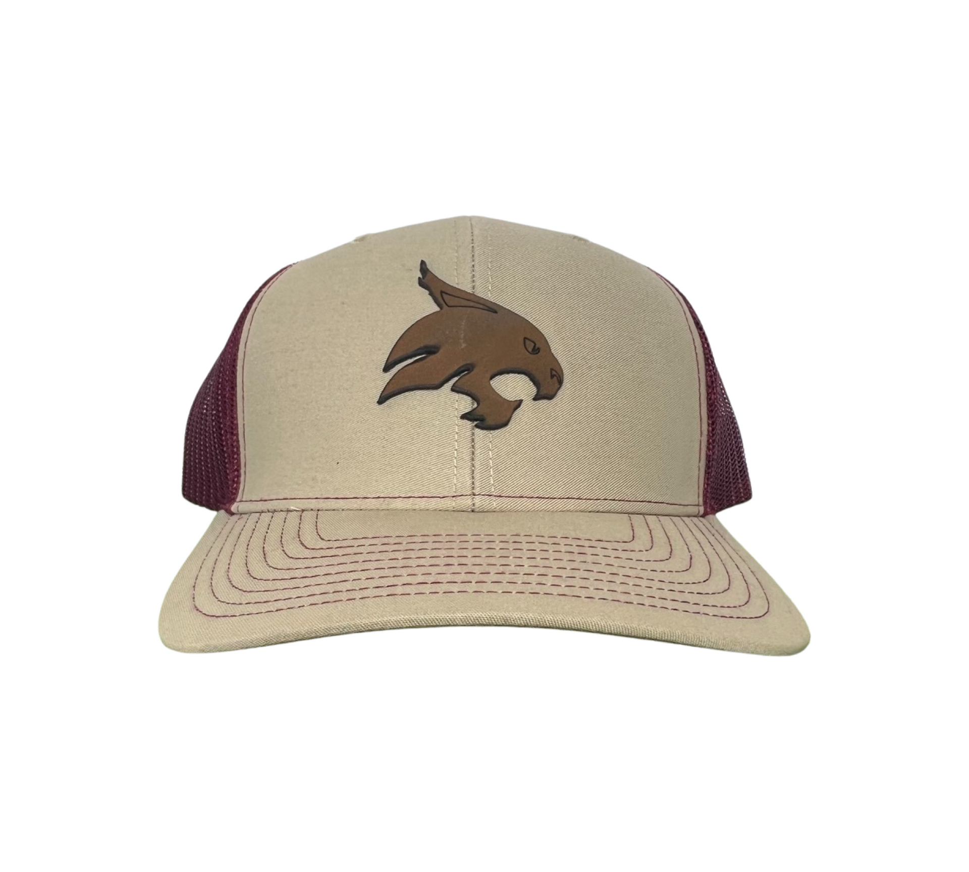 Beige and maroon Texas State hat with leather Bobcat logo patch