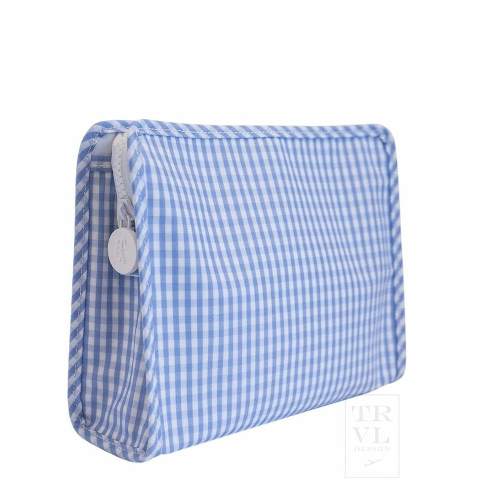 Blue and white checkered pouch with a visible brand logo on a white background