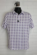 Men's collegiate white and purple polo shirt with button collar and repeating SFA and buffalo logos.