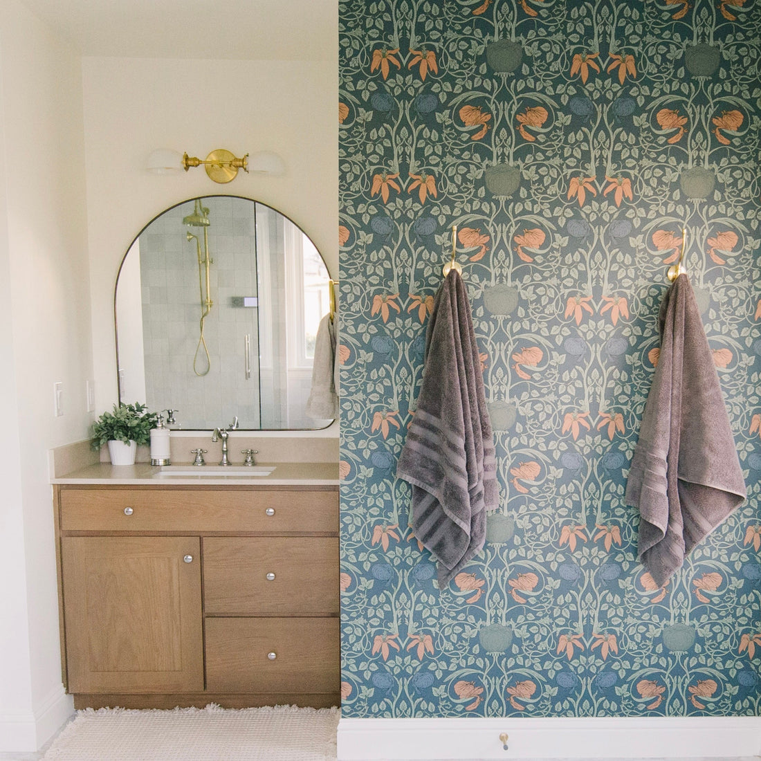 Whitney floral wallpaper featuring vintage arts and crafts aesthetic in teal and peach