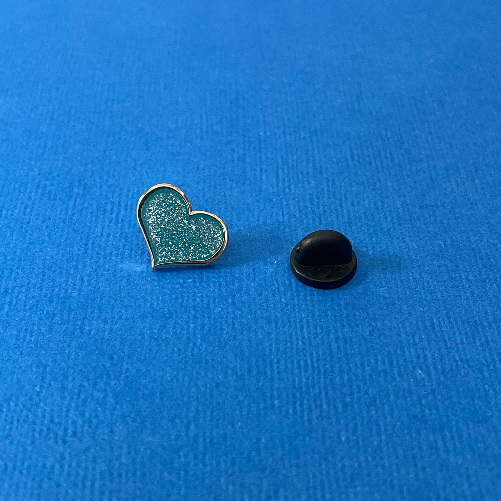 Teal Glitter Heart Enamel Pin - 1/2 inch with Gold Metal