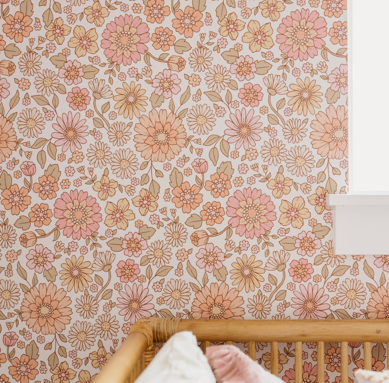 Daisy Floral Removable Wallpaper in Pink, Peach, and Tan