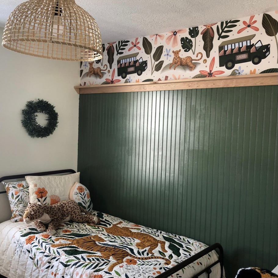 Charleston whimsical floral wallpaper in forest green, terracotta, and pale blue