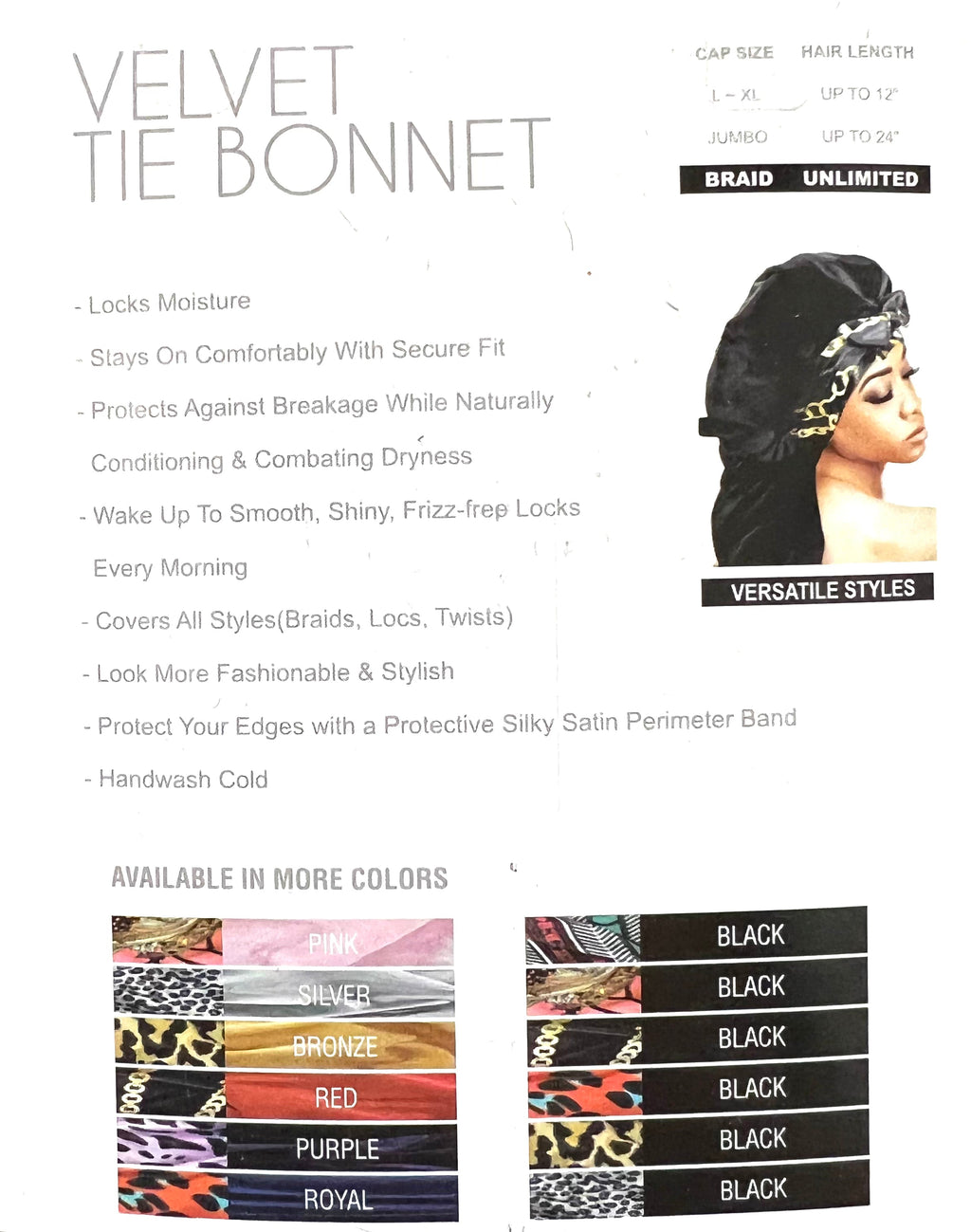 Velvet Tie Bonnet for Braids and Locs - Extra Long Protective Cap