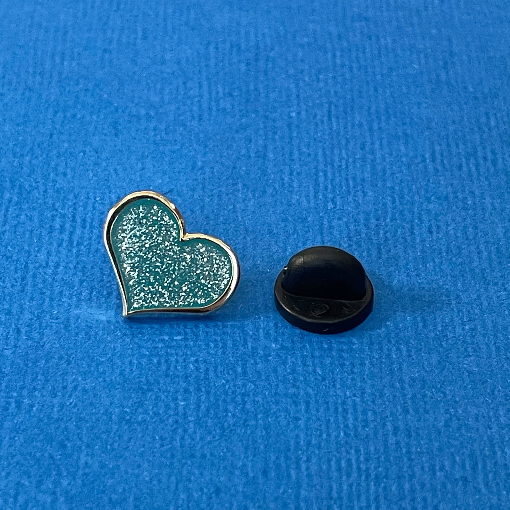 Teal Glitter Heart Enamel Pin - 1/2 inch with Gold Metal