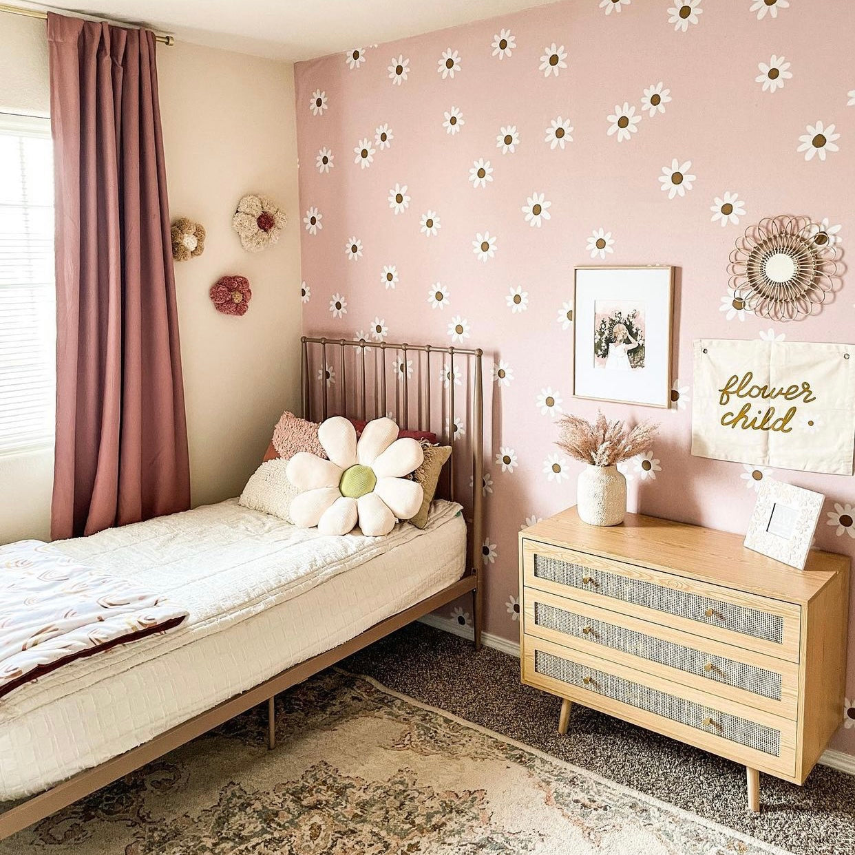 Camilla floral wallpaper in pink, white, and brown with a bohemian, minimalist aesthetic.