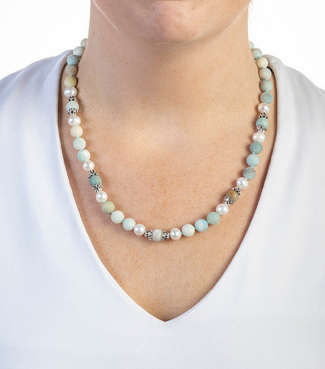 Amazonite and Pearl Beaded Necklace with Silver Accents - Image 2
