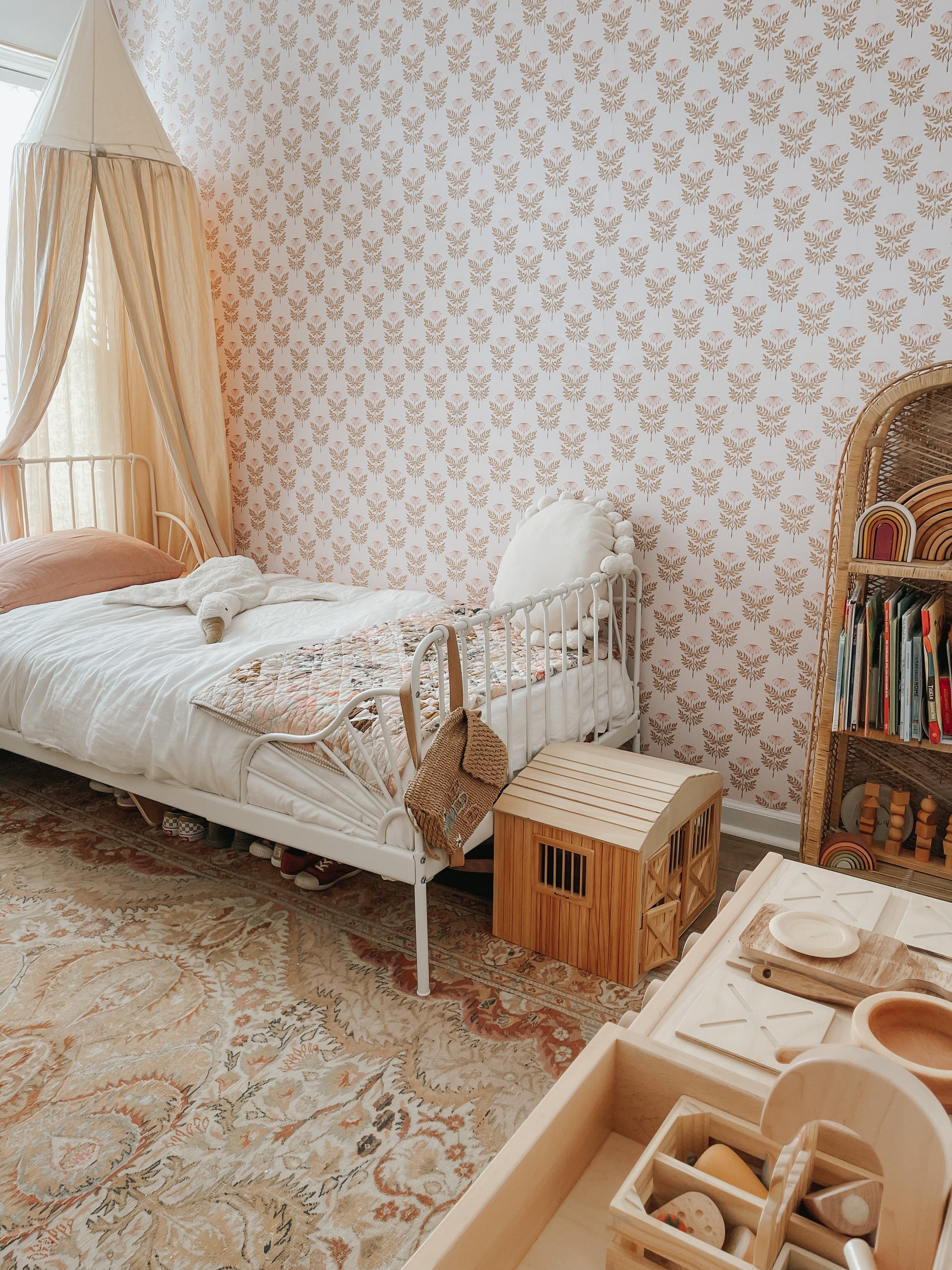 Prue Floral Removable Wallpaper in Blush Pink and Mustard Yellow