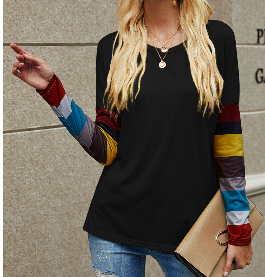 Women's Maroon Long Sleeve Round Neck Sweater with Striped Sleeves - Image 8