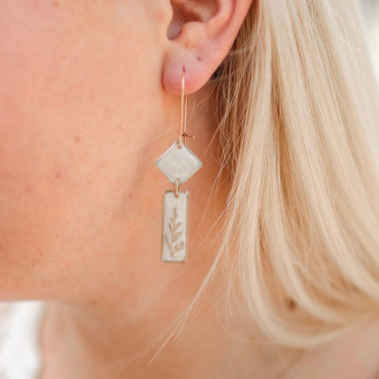 Art Deco Dangle Earrings with Gold Fern & Opalescent Cream