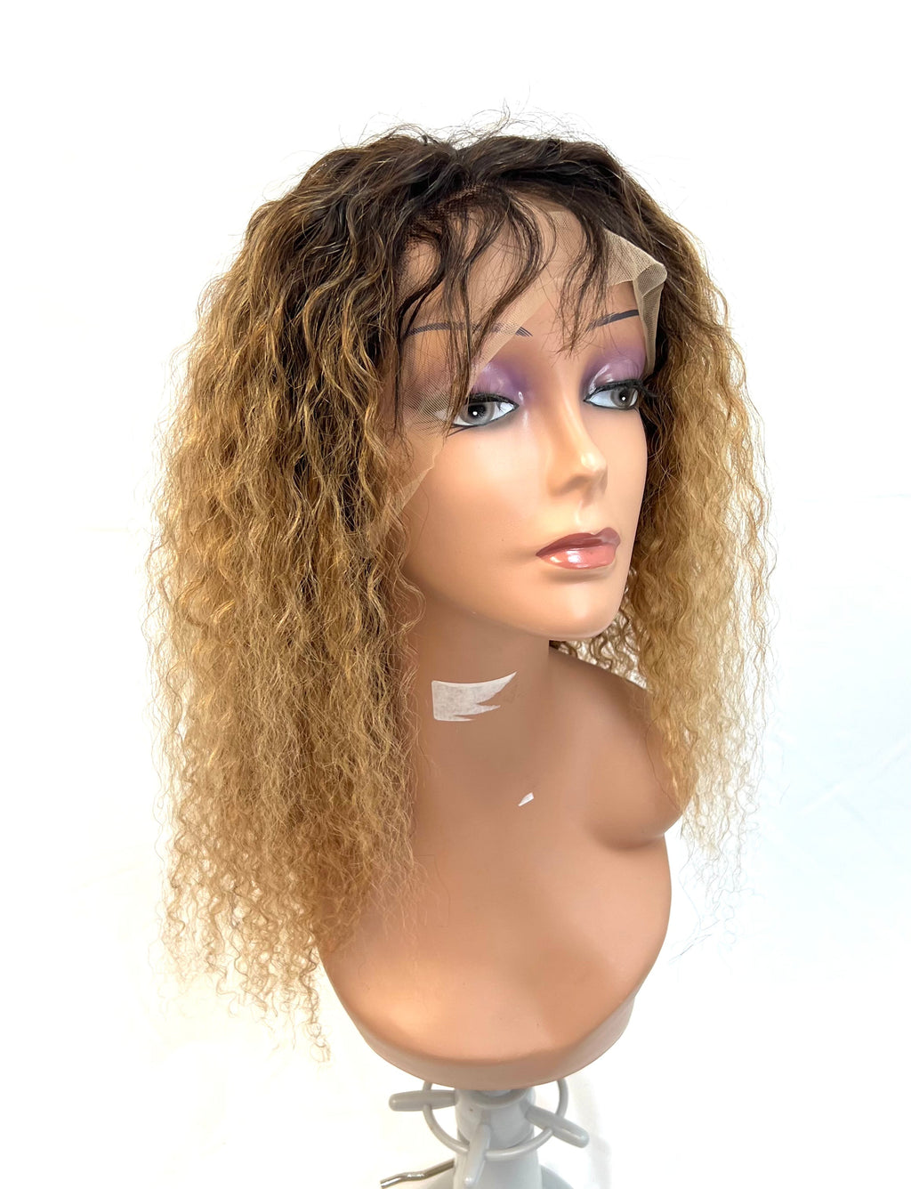 Rio Bohemian Lace Front Wig in a shimmering gold color, displayed on a mannequin