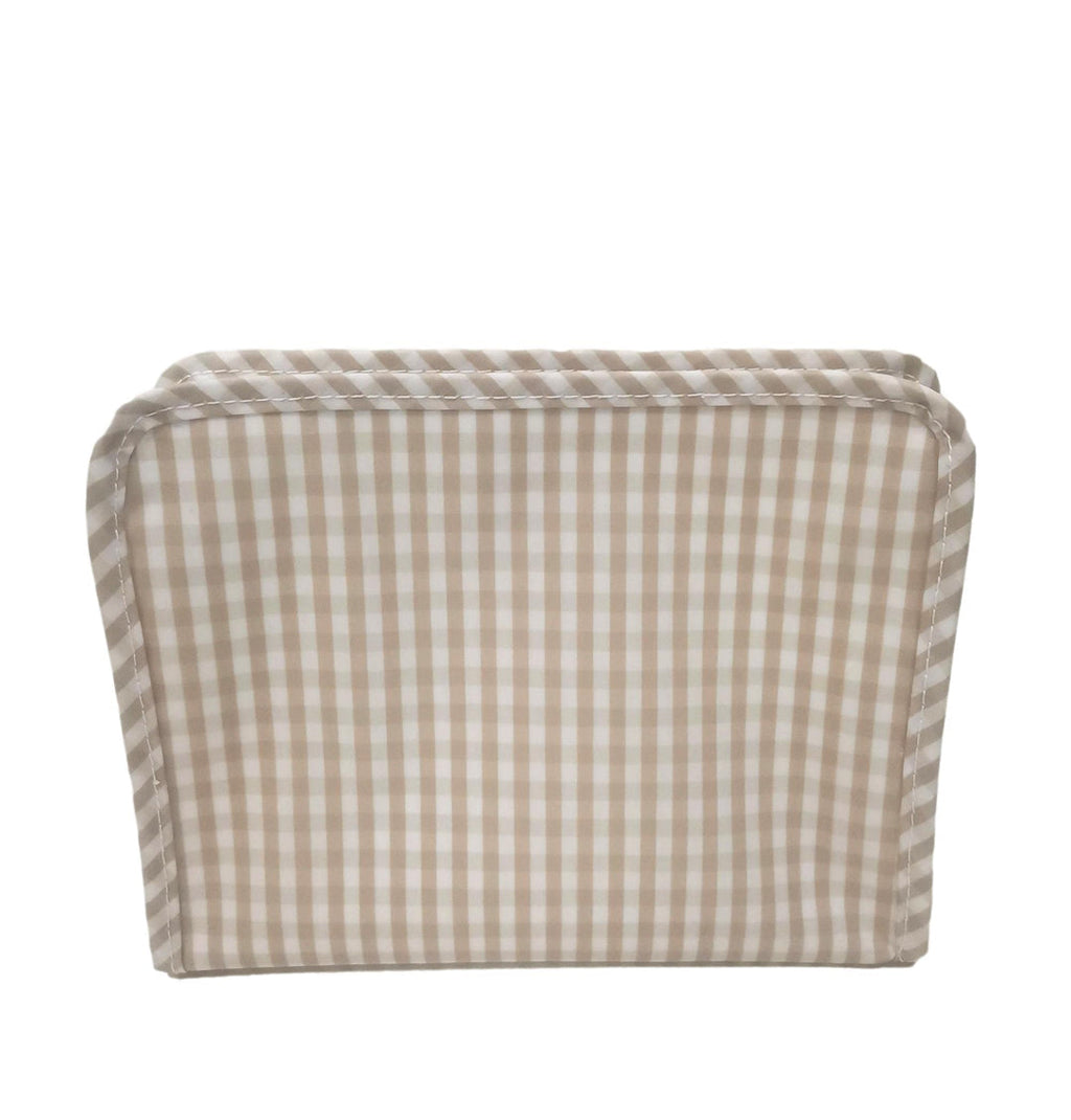 Rectangular fabric basket with a beige and white checkered pattern on a white background
