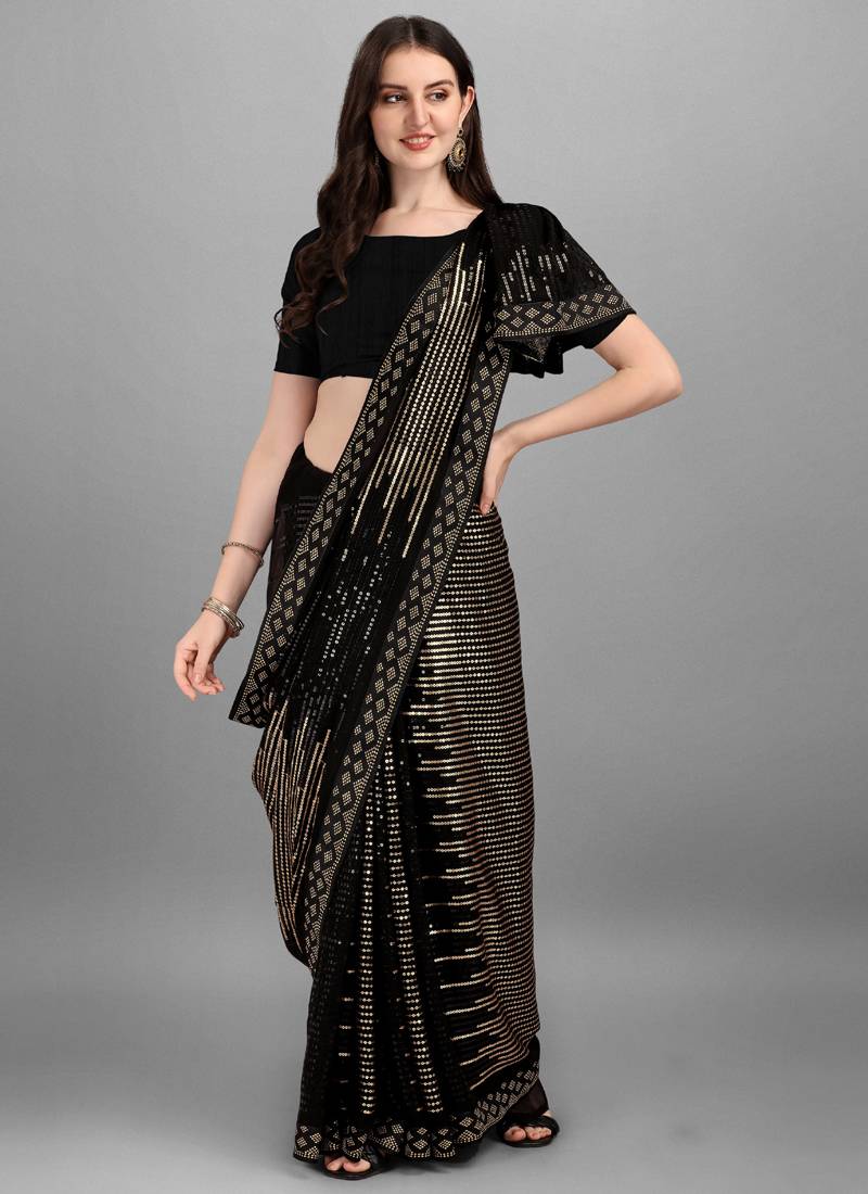 Vegaa Fashion Gold Heavy Georgette Sequence Embroidery Saree