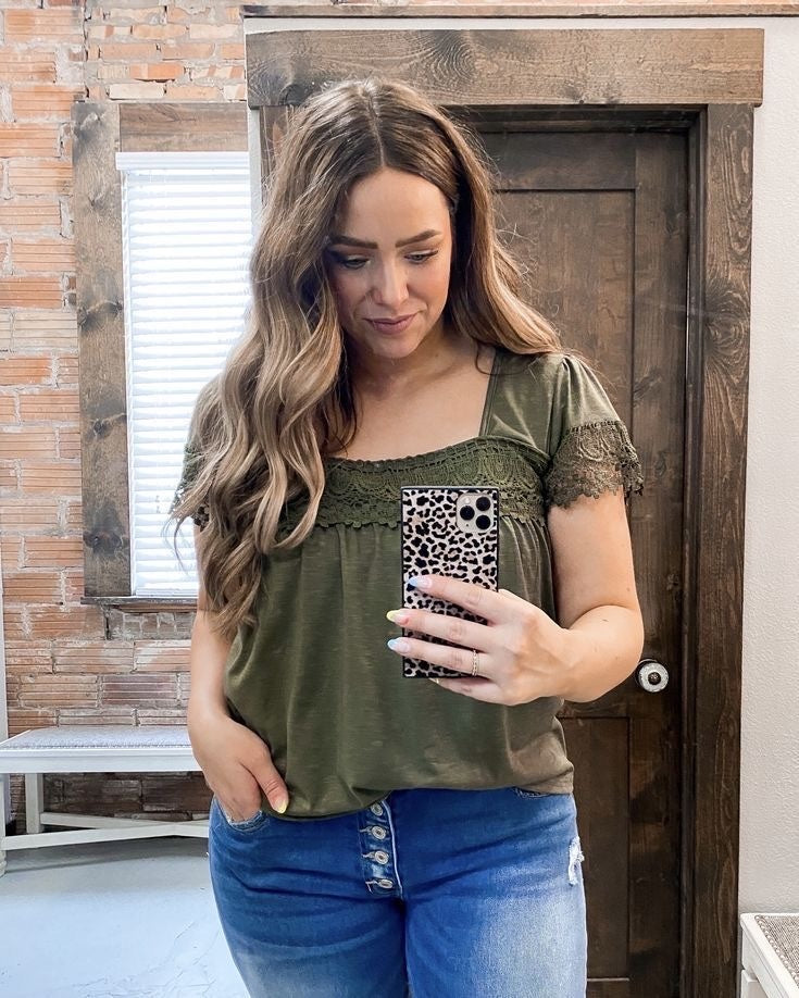 Olive green square neck top featuring romantic lace patchwork details.