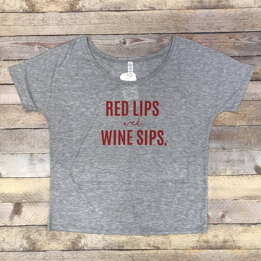 Red Lips & Wine Sips graphic t-shirt in a soft polyester viscose blend